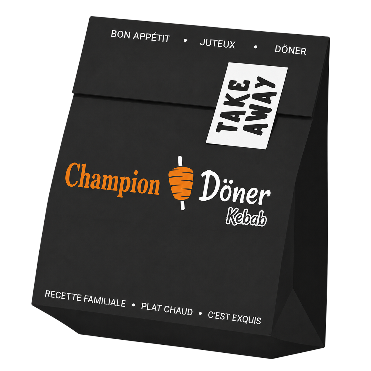 Black takeaway bag with Champion Döner Kebab logo and French text promoting juiciness and hot family recipe.