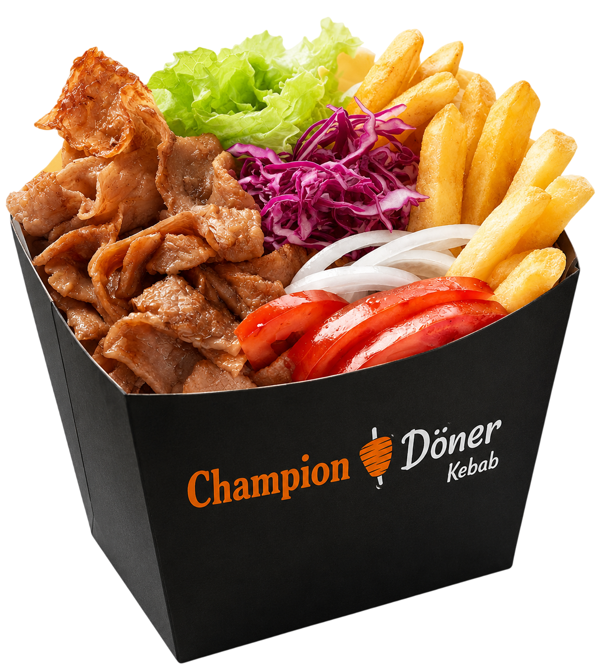 Box with döner meat, lettuce, purple cabbage, sliced onions, tomatoes, and french fries.
