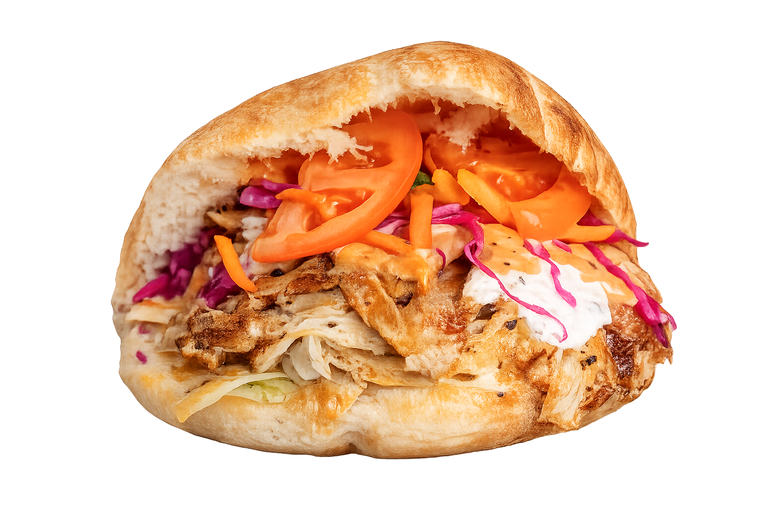 Pita sandwich filled with grilled chicken, tomato slices, shredded carrot, purple cabbage, and sauce.