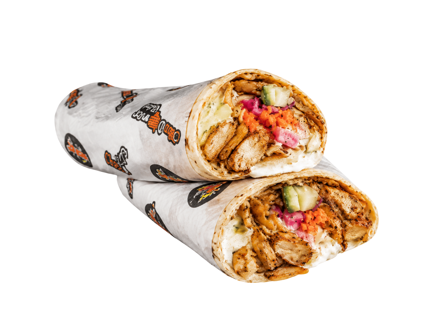 Two grilled chicken wraps with cucumber, pickled vegetables, and creamy sauce wrapped in branded paper.