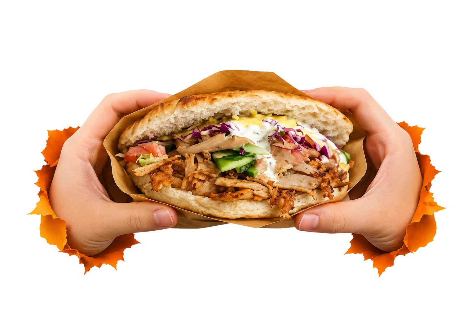 Hands holding a pita sandwich filled with shredded meat, cucumber, tomato, cabbage, and sauces.
