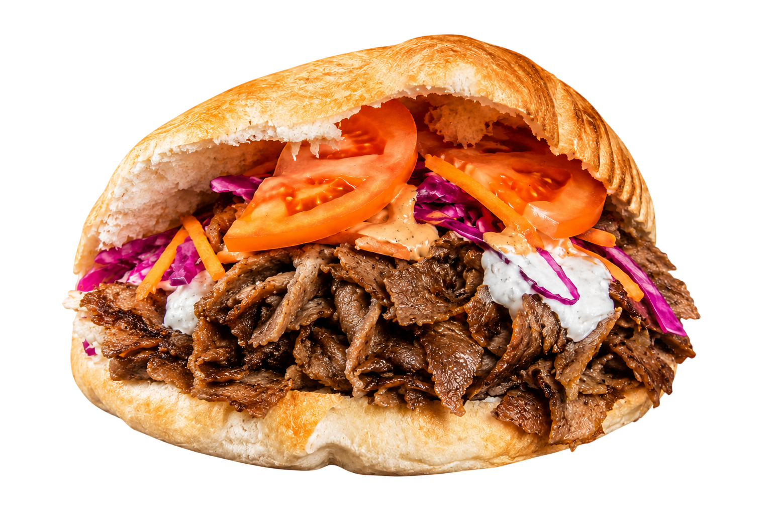 Pita sandwich stuffed with seasoned beef, tomato slices, shredded cabbage, carrots, and creamy sauces.