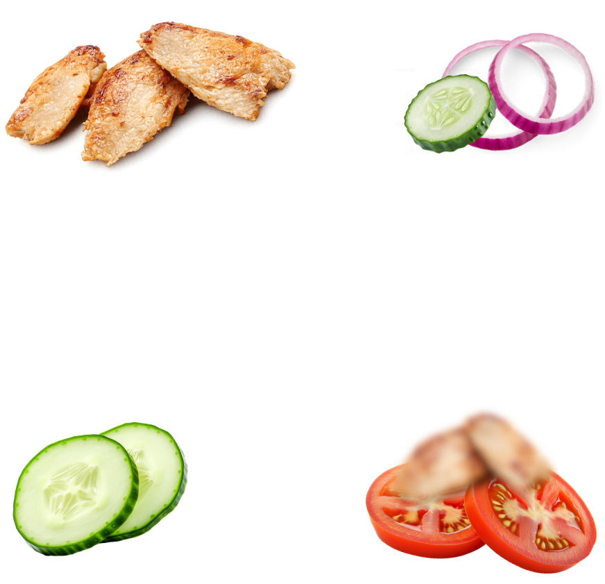 Grilled chicken pieces surrounded by pickles, red onion rings, and a lettuce leaf on black background.