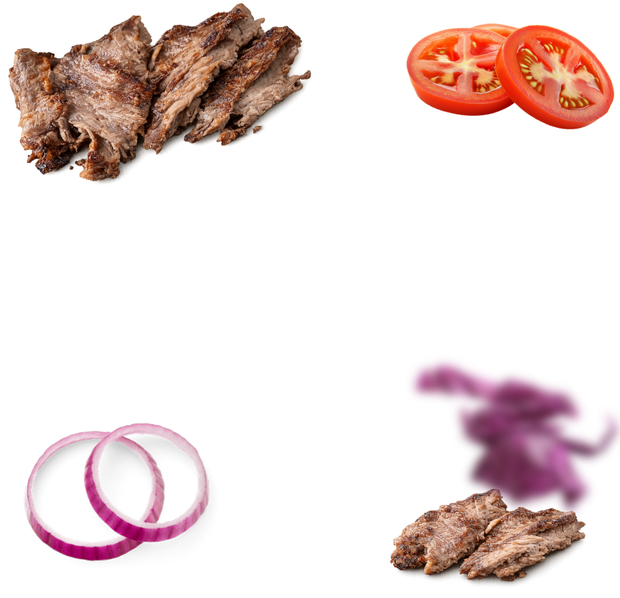 Ingredients of a hamburger patty, pickles, lettuce, and sliced red onions on a black background.