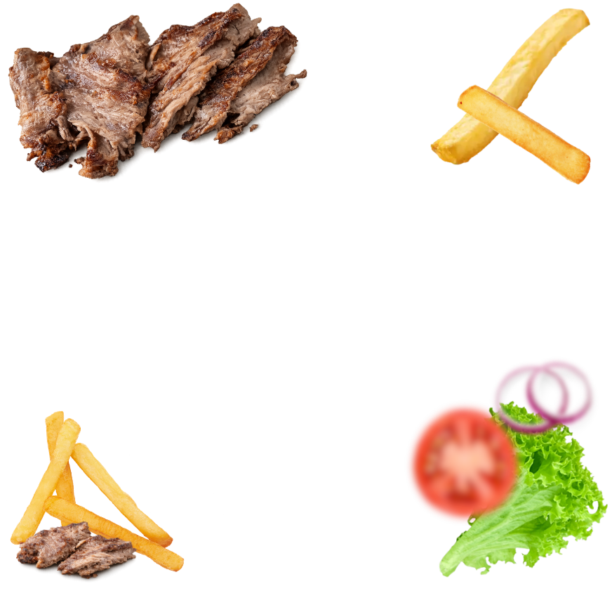 Cooked ground beef patty with scattered pieces, pickles, and red onion rings on black background.