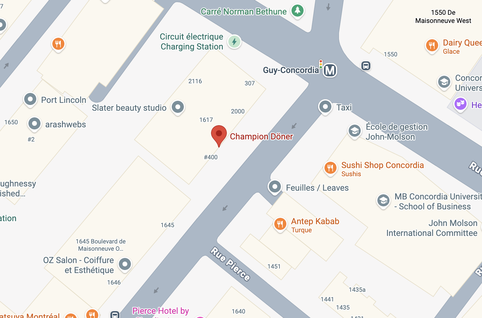 Map showing Champion Döner near Guy-Concordia metro and nearby restaurants and services.