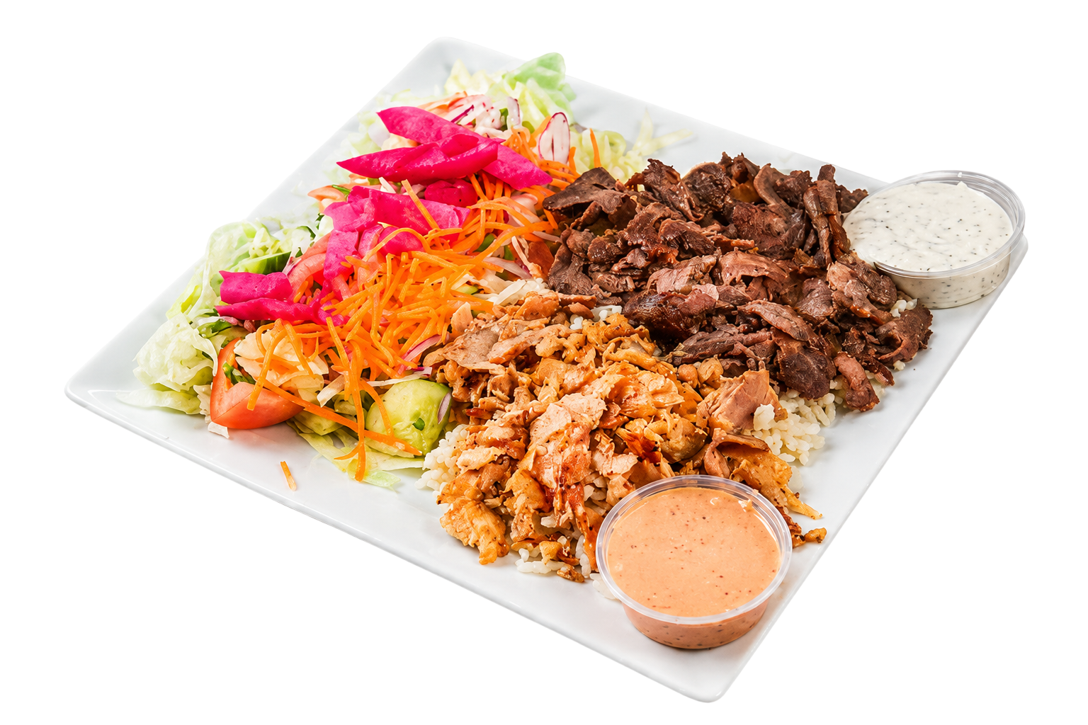 Plate with seasoned beef, chicken, rice, shredded carrots, lettuce, pickled vegetables, and two sauces.