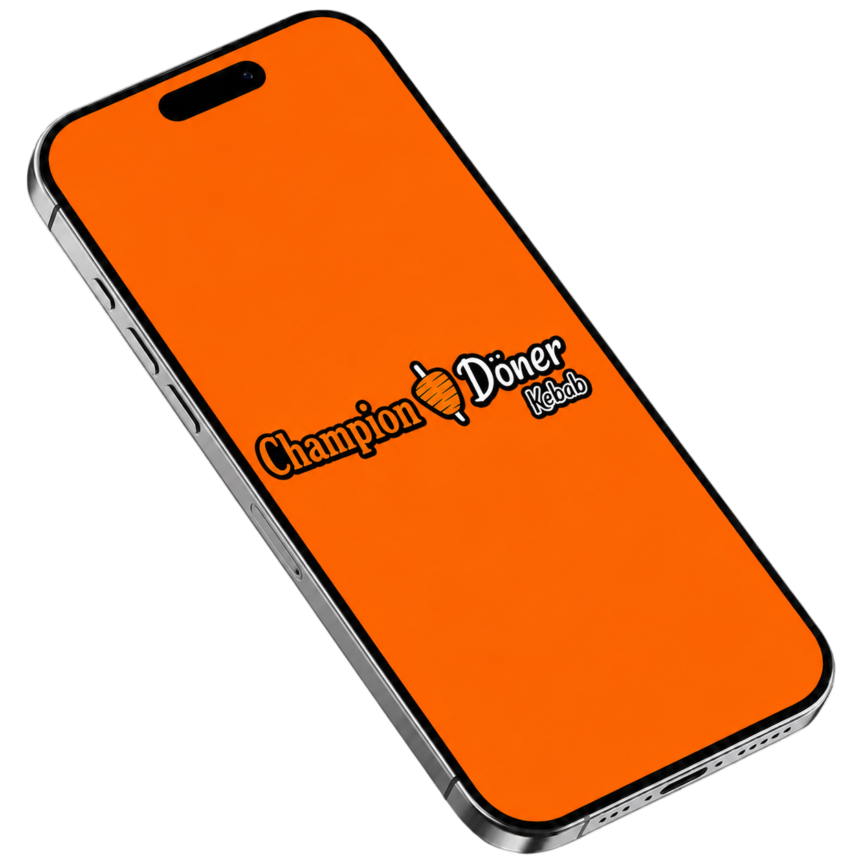 Smartphone screen showing Champion Döner Kebab logo on an orange background.