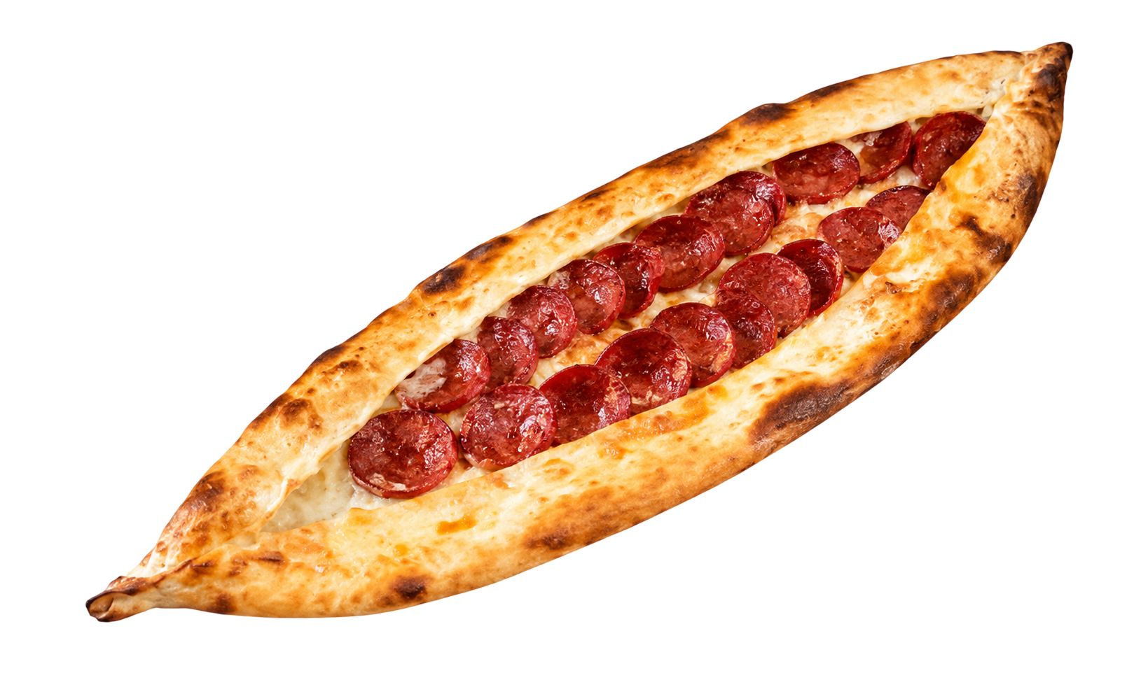 Turkish pide bread boat filled with melted cheese and sliced spicy sausage on top.