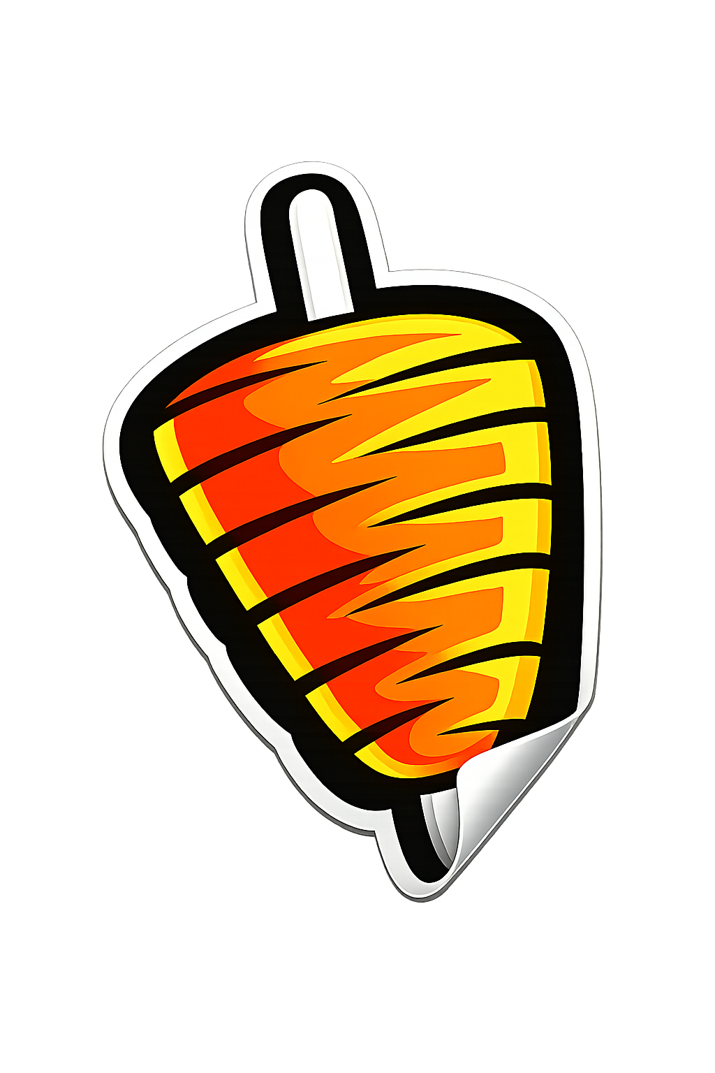 Stylized orange and yellow shawarma meat on vertical rotating spit on brown background.